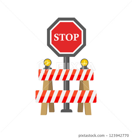 Stop traffic road barrier icon in flat style. Roadwork vector illustration on isolated background. Safety barricade sign business concept. 123942770
