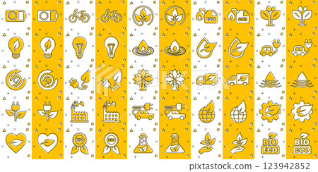 Eco environment icons set in comic style. Ecology cartoon vector illustration on white isolated background. Bio emblem splash effect sign business concept. Eco environment icons set in comic style. Ecology cartoon vector illustration on white isolated background. Bio emblem splash effect sign business concept. 123942852