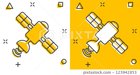 Satellite icon in comic style. Sputnik cartoon vector illustration on white isolated background. Space transport splash effect sign business concept. Satellite icon in comic style. Sputnik cartoon vector illustration on white isolated background. Space transport splash effect sign business concept. 123942853