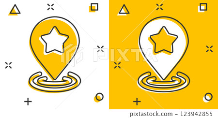 Map pin icon in comic style. GPS navigation cartoon vector illustration on white isolated background. Locate position splash effect business concept. Map pin icon in comic style. GPS navigation cartoon vector illustration on white isolated background. Locate position splash effect business concept. 123942855
