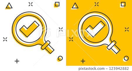 Check mark with magnifying glass icon in comic style. Loupe accept cartoon vector illustration on white isolated background. Search checklist splash effect business concept. Check mark with magnifying glass icon in comic style. Loupe accept cartoon vector illustration on white isolated background. Search checklist splash effect business concept. 123942882