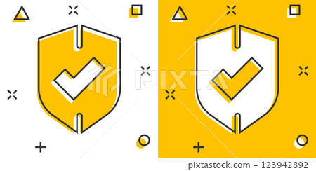 Shield with check mark icon in comic style. Protect cartoon vector illustration on white isolated background. Checkmark guard splash effect business concept. Shield with check mark icon in comic style. Protect cartoon vector illustration on white isolated background. Checkmark guard splash effect business concept. 123942892