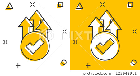 Growth arrow check icon in comic style. Revenue approval cartoon vector illustration on white isolated background. Increase ok splash effect business concept. Growth arrow check icon in comic style. Revenue approval cartoon vector illustration on white isolated background. Increase ok splash effect business concept. 123942911