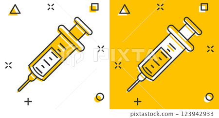 Syringe icon in comic style. Coronavirus vaccine inject cartoon vector illustration on isolated background. Covid-19 vaccination splash effect sign business concept. 123942933