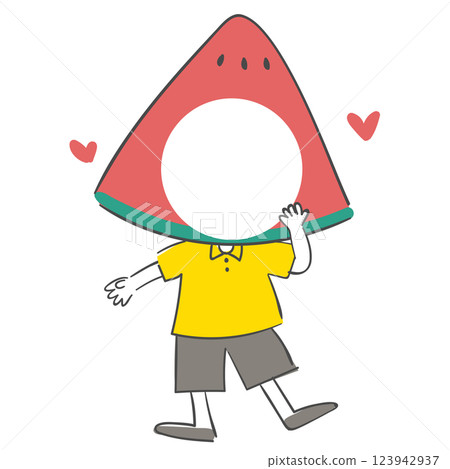 Illustration of wearing a watermelon rind hats with a face cutout 123942937