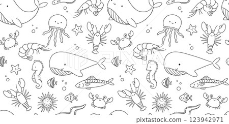Seamless pattern with line sea animals on white background, underwater life, vector outline illustrations. Nautical repeating monochrome design for kids 123942971