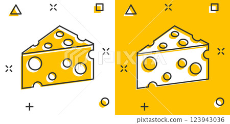 Cheese slice icon in comic style. Milk food cartoon vector illustration on isolated background. Breakfast splash effect sign business concept. 123943036