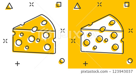 Cheese slice icon in comic style. Milk food cartoon vector illustration on isolated background. Breakfast splash effect sign business concept. 123943037