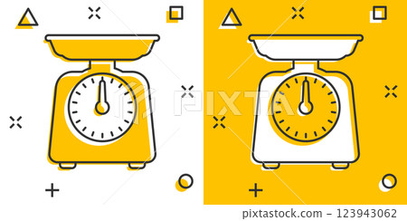 Bathroom weight scale icon in comic style. Mass measurement cartoon vector illustration on isolated background. Overweight splash effect sign business concept. 123943062