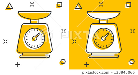 Bathroom weight scale icon in comic style. Mass measurement cartoon vector illustration on isolated background. Overweight splash effect sign business concept. 123943066