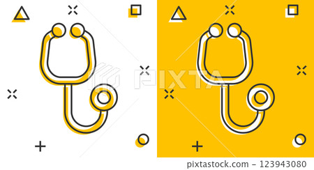 Stethoscope icon in comic style. Heart diagnostic cartoon vector illustration on isolated background. Medicine splash effect sign business concept. 123943080