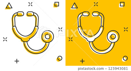 Stethoscope icon in comic style. Heart diagnostic cartoon vector illustration on isolated background. Medicine splash effect sign business concept. Stethoscope icon in comic style. Heart diagnostic cartoon vector illustration on isolated background. Medicine splash effect sign business concept. 123943081