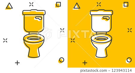 Toilet bowl icon in comic style. Hygiene cartoon vector illustration on isolated background. WC restroom splash effect sign business concept. 123943114