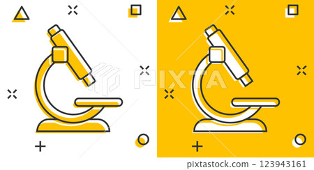 Microscope icon in comic style. Laboratory magnifier cartoon vector illustration on isolated background. Biology instrument splash effect sign business concept. 123943161