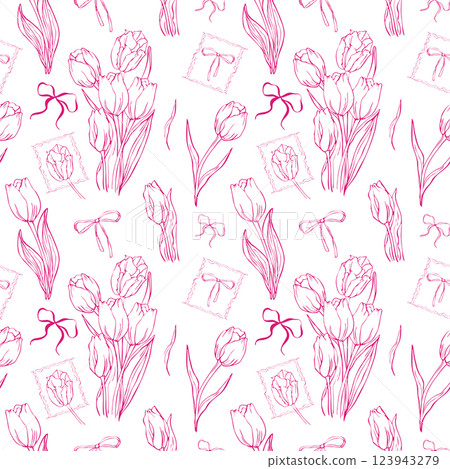 Seamless patern of tulips and ribbon on white background Seamless patern of tulips and ribbon on white background 123943279