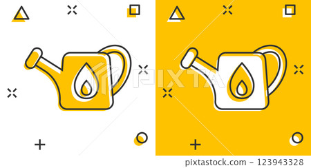 Watering can icon in comic style. Garden tool cartoon vector illustration on white isolated background. Cultivate growth splash effect sign business concept. Watering can icon in comic style. Garden tool cartoon vector illustration on white isolated background. Cultivate growth splash effect sign business concept. 123943328