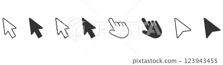 Cursor And Pointer Icons Line And Solid Icon Set. Mouse Click Symbols And Arrow Cursors Symbol Collection. Isolated Vector Illustration Cursor And Pointer Icons Line And Solid Icon Set. Mouse Click Symbols And Arrow Cursors Symbol Collection. Isolated Vector Illustration 123943455