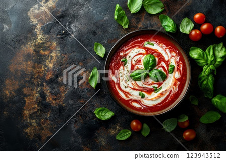 Tomato soup topped with a cream swirl and basil leaves, top view. 123943512