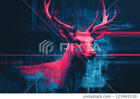 Digital composition with glitch art with neon blue and red tones, reindeer art. 123943530