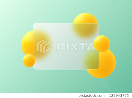 Trendy vector background in glass morphism style. Website landing page template. Frosted glass partition with floating yellow spheres. Trendy vector background in glass morphism style. Website landing page template. Frosted glass partition with floating yellow spheres. 123943735