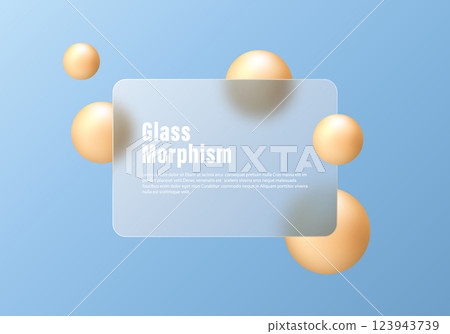 Website landing page template in glass morphism style. Partition imitation glass with floating golden spheres. Website landing page template in glass morphism style. Partition imitation glass with floating golden spheres. 123943739