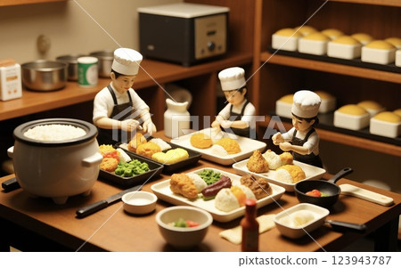 A miniature bento shop kitchen | Cooking scenes and colorful bentos A miniature bento shop kitchen | Cooking scenes and colorful bentos 123943787