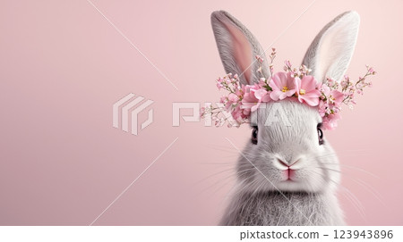 Cute bunny with pink flower crown on soft pink background. 123943896