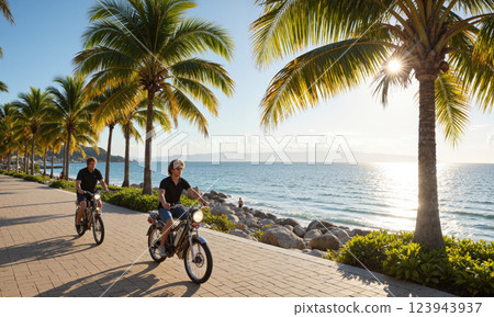 Island Bicycle Ride, Beachfront Path, Scenic Views, Active Lifestyle A bicycle ride along a scenic beachfront path, with lush green palm trees 123943937