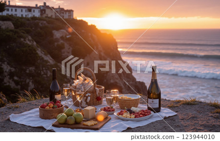 Coastal Cliffside Sunset Picnic A cozy picnic set on the edge of a cliff, with a blanket, fresh fruit, cheeses, and sparkling wine, 123944010