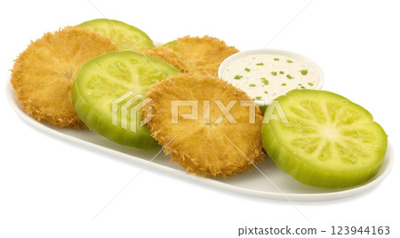Fried Green Tomatoes - Sliced green tomatoes, breaded and deep-fried until golden and crispy, often served with a side 123944163