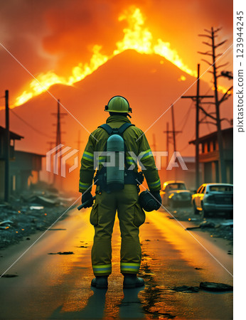 A firefighter stands in the middle of an asphalt road, staring helplessly at a forest fire approaching the town 123944245