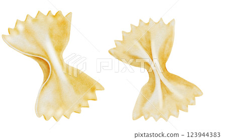 Pasta farfalle watercolor set. Hand drawn italian macaroni on white background. Food clip art. Ideal for pasta packaging, restaurant menus and posters 123944383