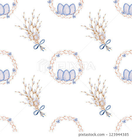 Easter seamless watercolor pattern. Festive Easter ornament on an isolated white background. Clip art of painted eggs with a willow wreath.Ideal for decorating Easter cake wrapping paper and holiday Easter seamless watercolor pattern. Festive Easter ornament on an isolated white background. Clip art of painted eggs with a willow wreath.Ideal for decorating Easter cake wrapping paper and holiday 123944385