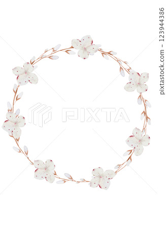Easter willow wreath watercolor. Festive Easter card on an isolated white background. Clip art of painted a willow wreath.. Ideal for invitations 123944386