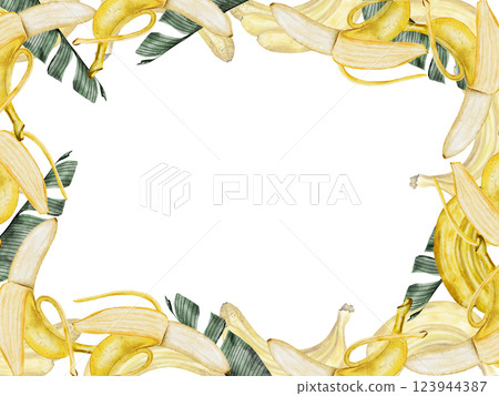 Banana watercolor frame. Hand drawn ripe tropical fruit and leaves. Clip art isolated on white background realistic exotic plant. Ideal for designing menus, price tags, labels and packaging of natural 123944387