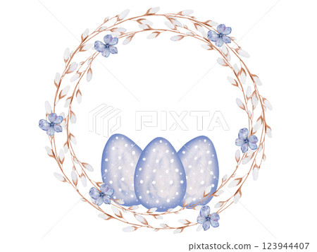 Easter card watercolor. Festive Easter card on an isolated white background. Clip art of painted eggs with a willow wreath.. Ideal for invitations 123944407