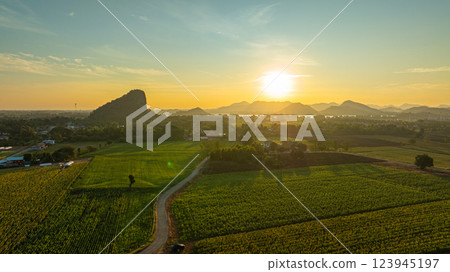 Aerial view of Scenic Countryside Landscape at sunrise 123945197
