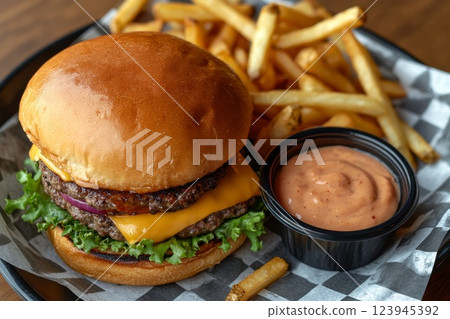 Cheeseburger with fries and sauce. Cheeseburger with fries and sauce. 123945392