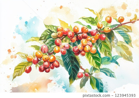 Coffee bushes with ripe coffee beans, illustration. 123945393