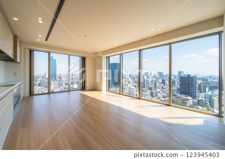 Empty room with panoramic windows overlooking the metropolis. Empty room with panoramic windows overlooking the metropolis. 123945403