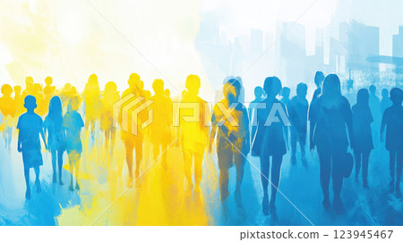 Abstract illustration of people walking in a crowd around the city, painted in yellow and blue. The concept for down's day. Abstract illustration of people walking in a crowd around the city, painted in yellow and blue. The concept for down's day. 123945467