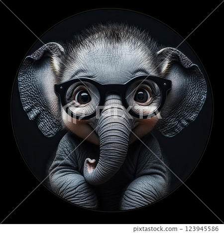 Baby elephant animal wearing glasses funny illustration inside a circle frame isolated on black background 123945586