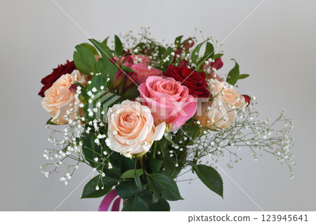 Bouquet of Roses, Alstroemeria and Gypsophila 123945641
