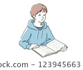男孩讀一本教科書- -一個孩子學習的教育插圖 123945663