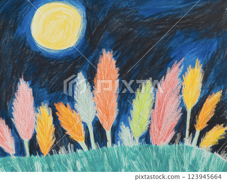 用蠟筆繪製的月夜風景 AI 影像 123945664