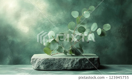 A stone podium with eucalyptus branches against a soft green textured background. Generated AI. 123945755