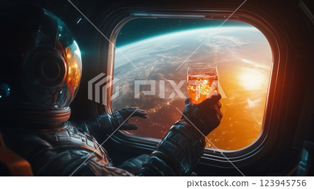 An astronaut in a spaceship enjoys a drink while gazing at Earth through a large window. Generated AI. 123945756