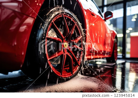 Red sports car being washed with visible droplets 123945814