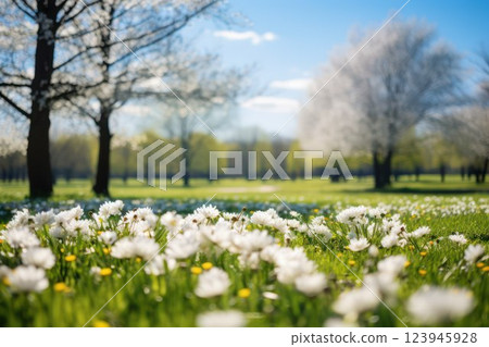 Sunny day in a lush green park with blooming trees 123945928