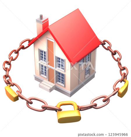 house with red roof is encircled by chain and padlock, symbolizing security 123945966